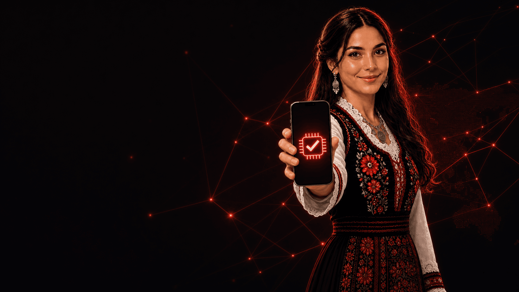 Vajza e Shqiponja eSIM duke paraqitur telefonin