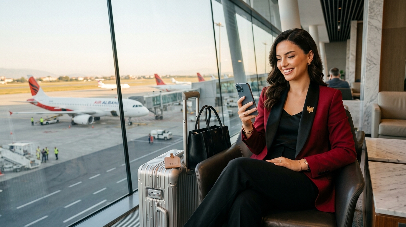 Udhëtare elegante në aeroport me xhaketë të kuqe dhe shqiponjë