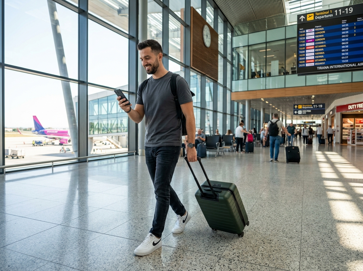 Udhëtar shqiptar me valixhe në aeroport duke u lidhur automatikisht me Shqiponja eSIM